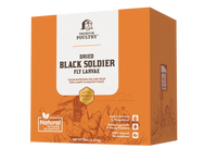 Box of dried black soldier fly larvae with branding on a white background