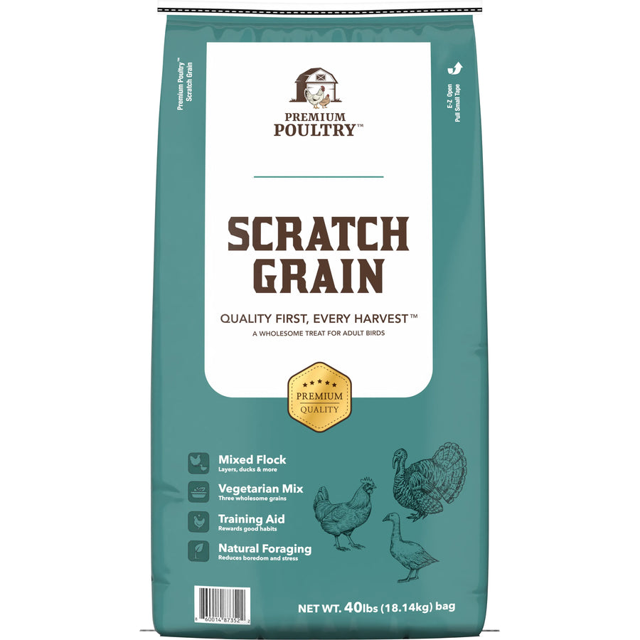 Bag of Premium Poultry Scratch Grain on a white background