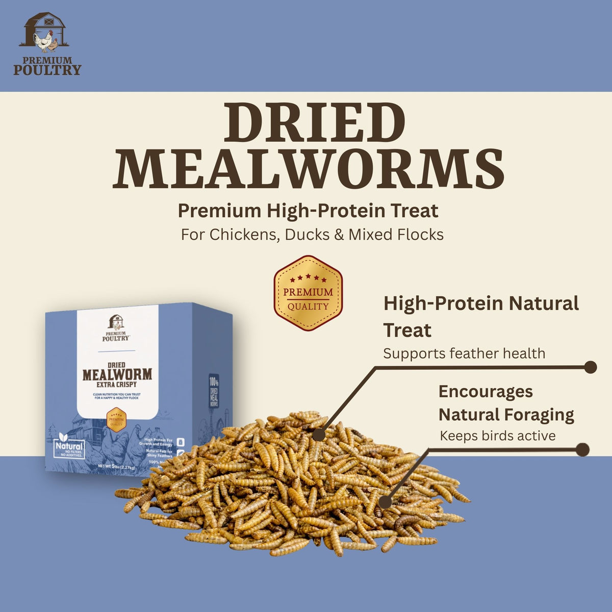 Advertisement for dried mealworms with a box and mealworms on a blue and beige background.