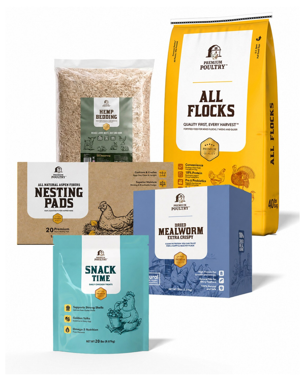 Collection of farm-related products including bedding, feed, and snack time items on a white background.