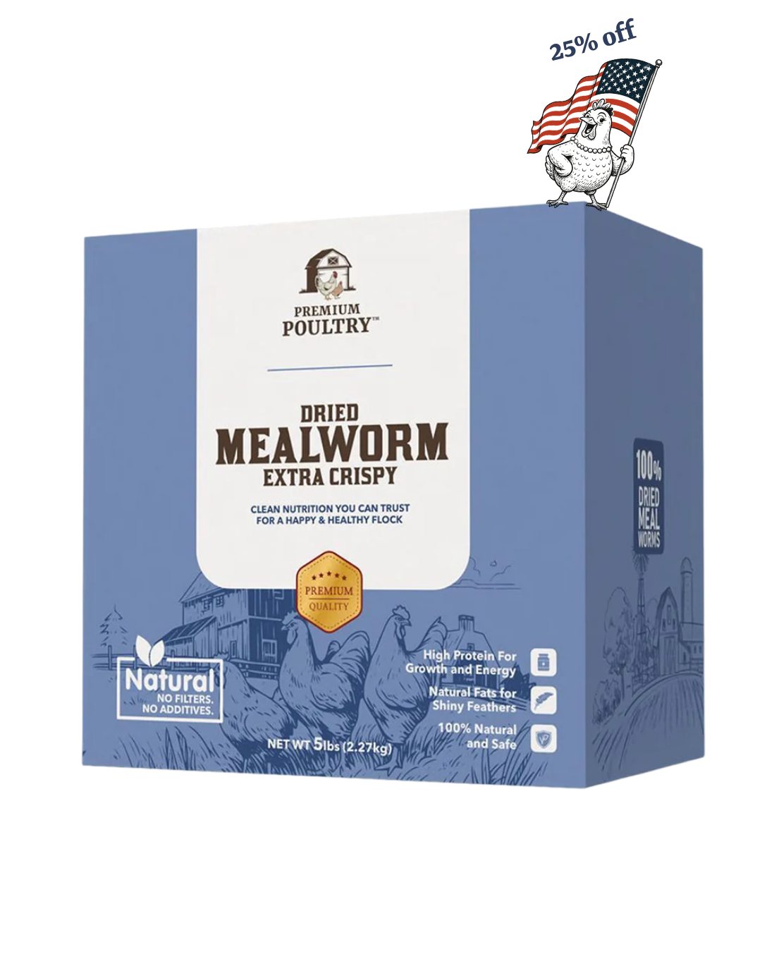 Box of Premium Poultry Dried Mealworm Extra Crispy on a white background