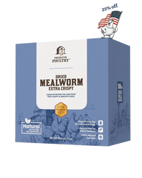 Box of Premium Poultry Dried Mealworm Extra Crispy on a white background