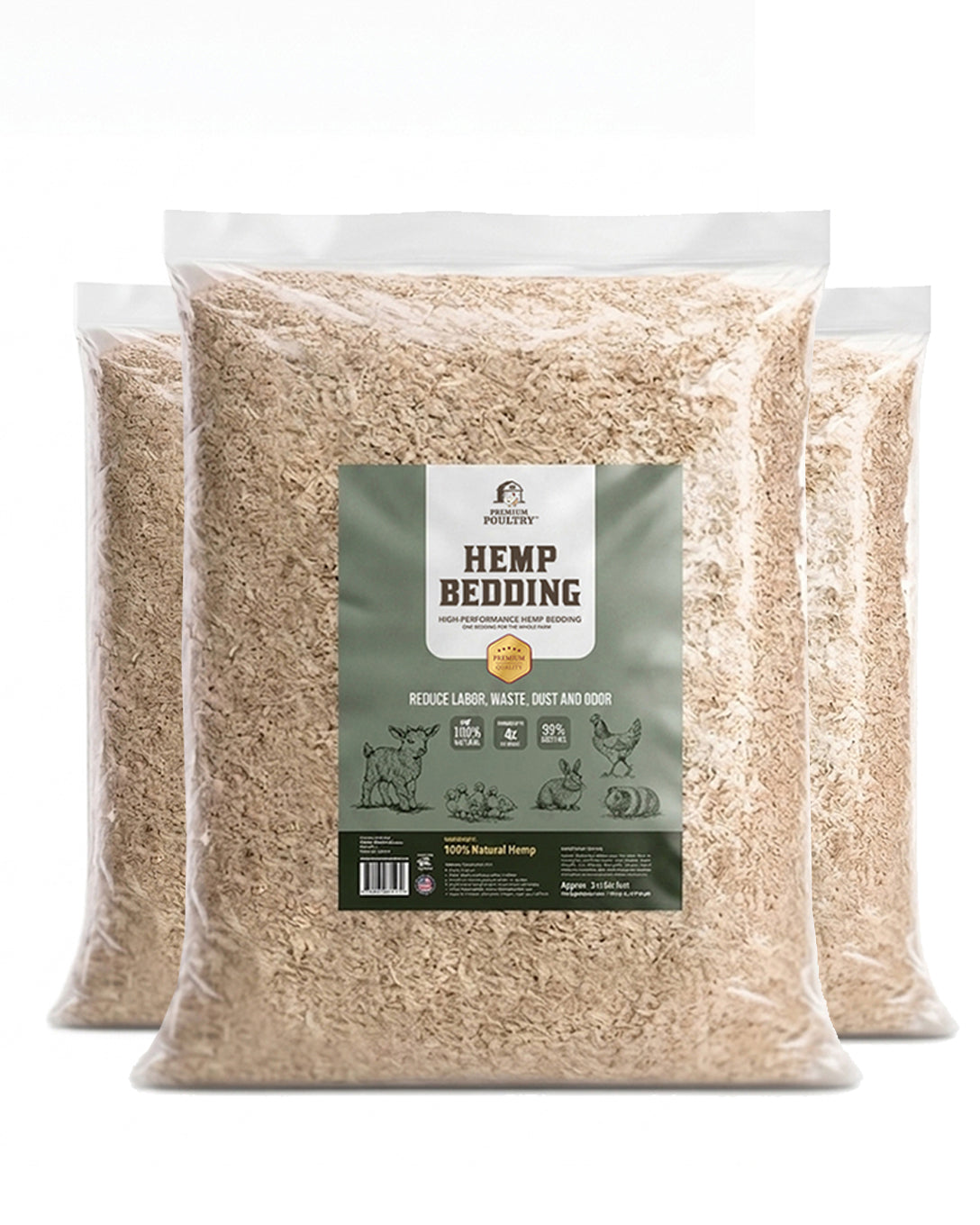 Three packages of Hemp Bedding with a label on a white background