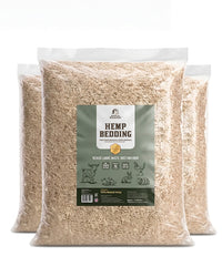 Three packages of Hemp Bedding with a label on a white background