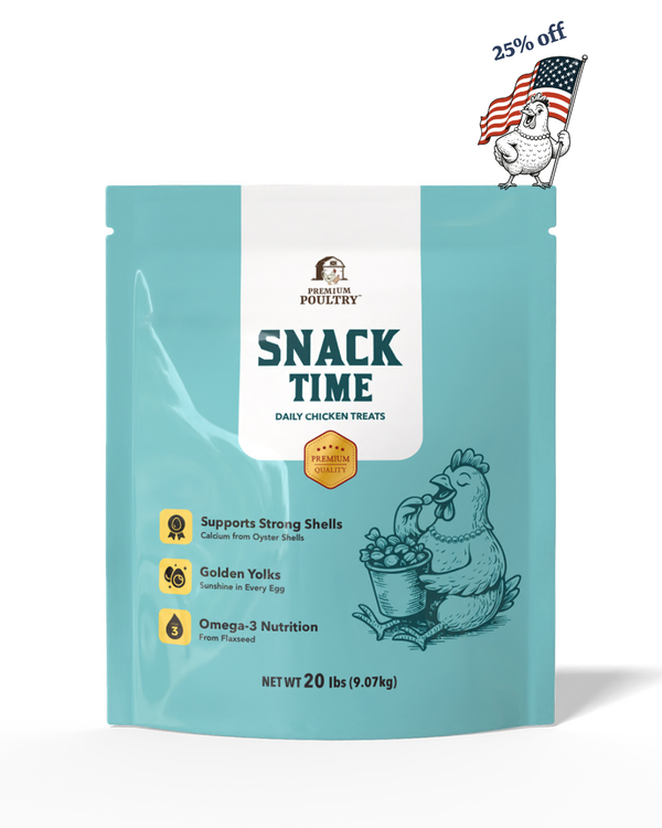 Teal package of 'Snack Time' daily chicken treats with a cartoon chicken and promotional text on a white background.