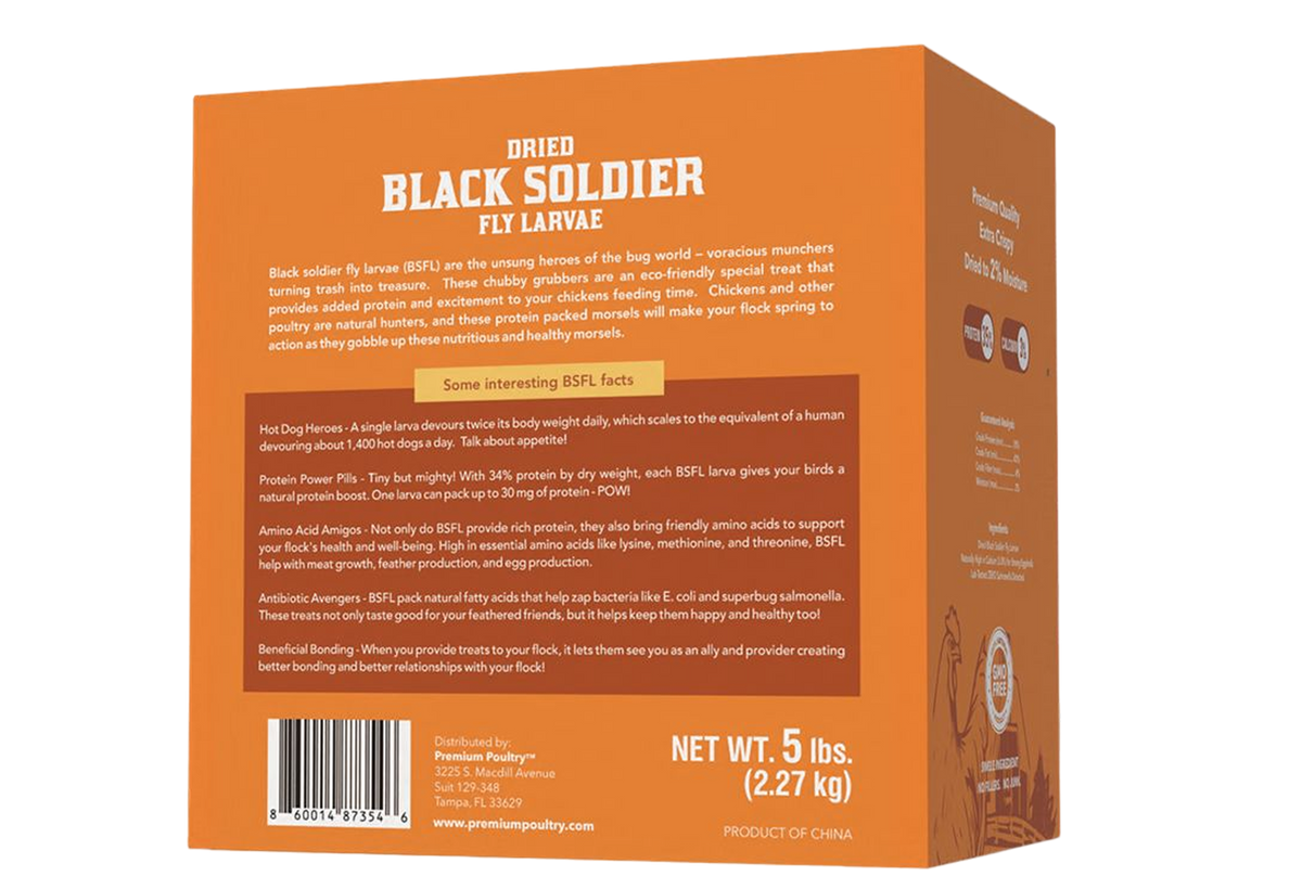 Orange box packaging of dried black soldier fly larvae with text and branding.
