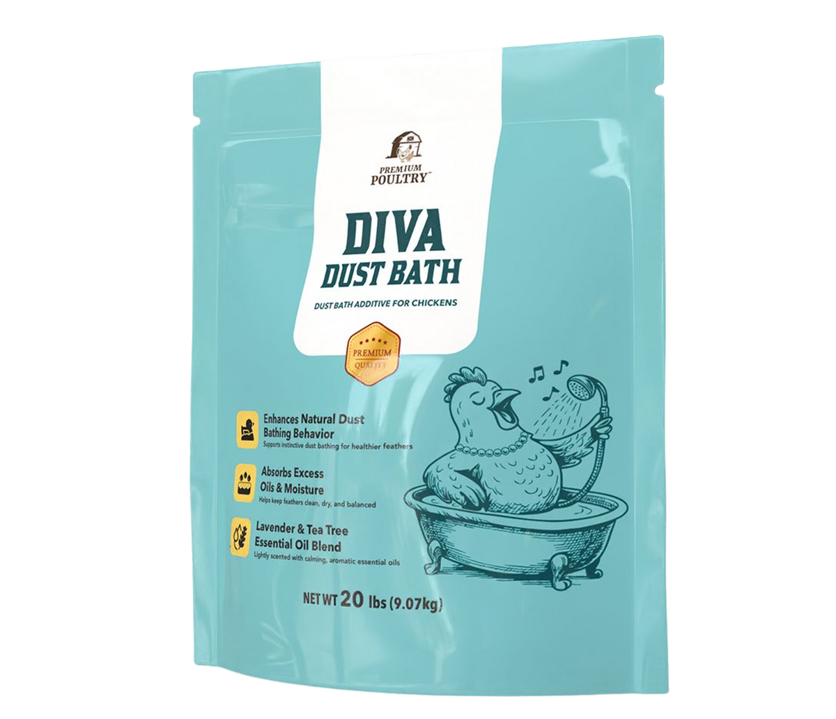 Chicken dust bath additive with lavender and tea tree oils for cleaner, healthier feathers