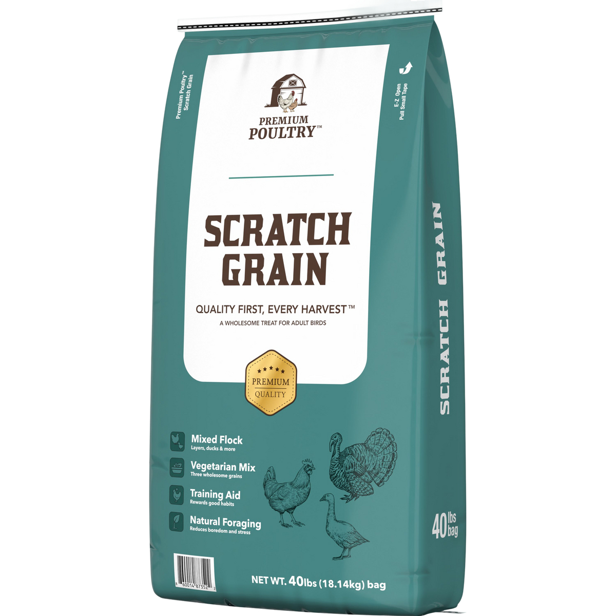 Scratch grain for chickens and ducks made with wholesome grains for natural foraging