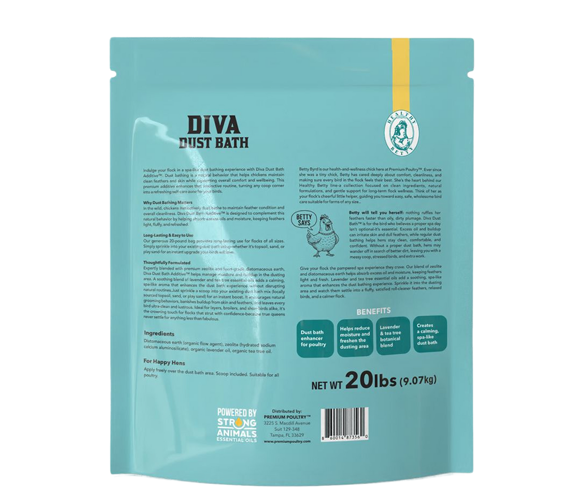 Chicken dust bath additive with lavender and tea tree oils for cleaner, healthier feathers