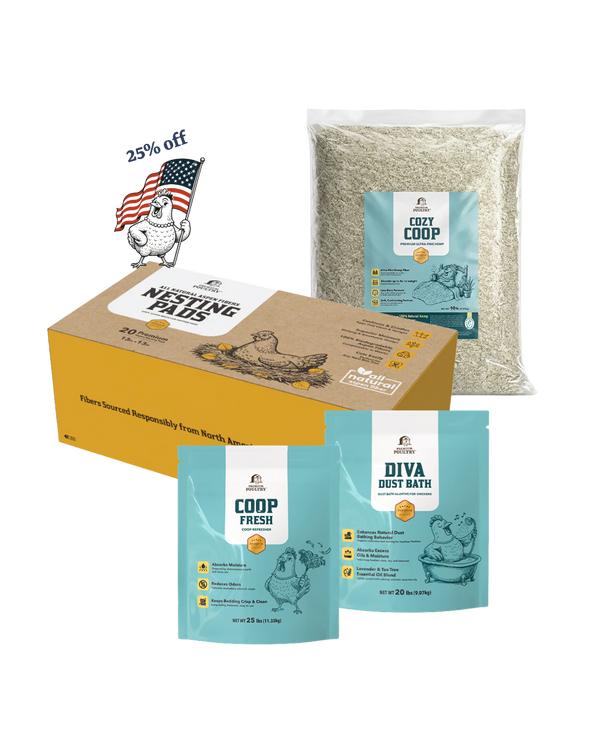 Chicken coop care products including hemp bedding, nesting pads, coop deodorizer, and dust bath additive