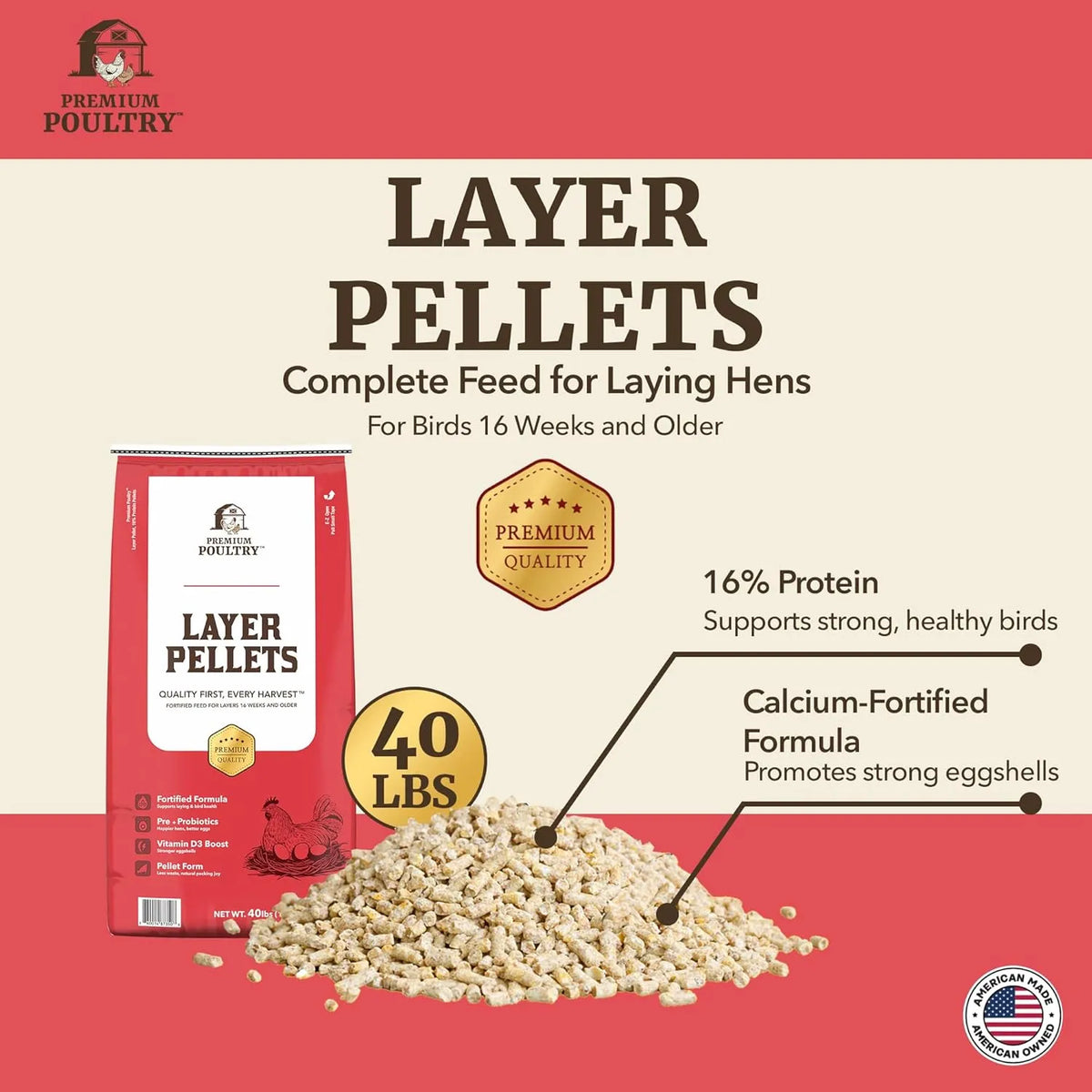 Premium Poultry Layer Pellets packaging with product details on a red and beige background