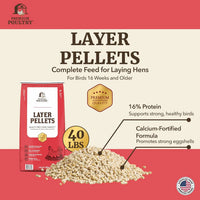 Premium Poultry Layer Pellets packaging with product details on a red and beige background