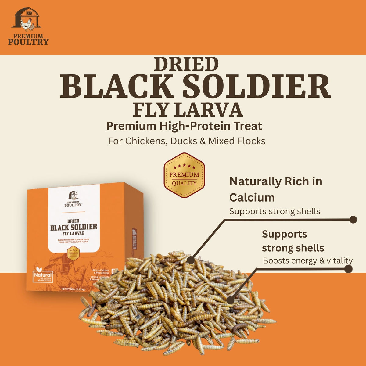 Dried Black Soldier Fly Larva packaging with text on an orange and beige background