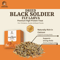 Dried Black Soldier Fly Larva packaging with text on an orange and beige background