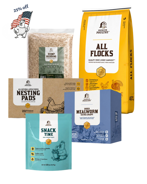 Premium Poultry product lineup featuring hemp bedding, all-flock chicken feed, nesting pads, dried mealworms, and chicken treats
