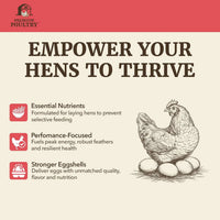 Advertisement for premium poultry products with a chicken and eggs illustration on a beige background.