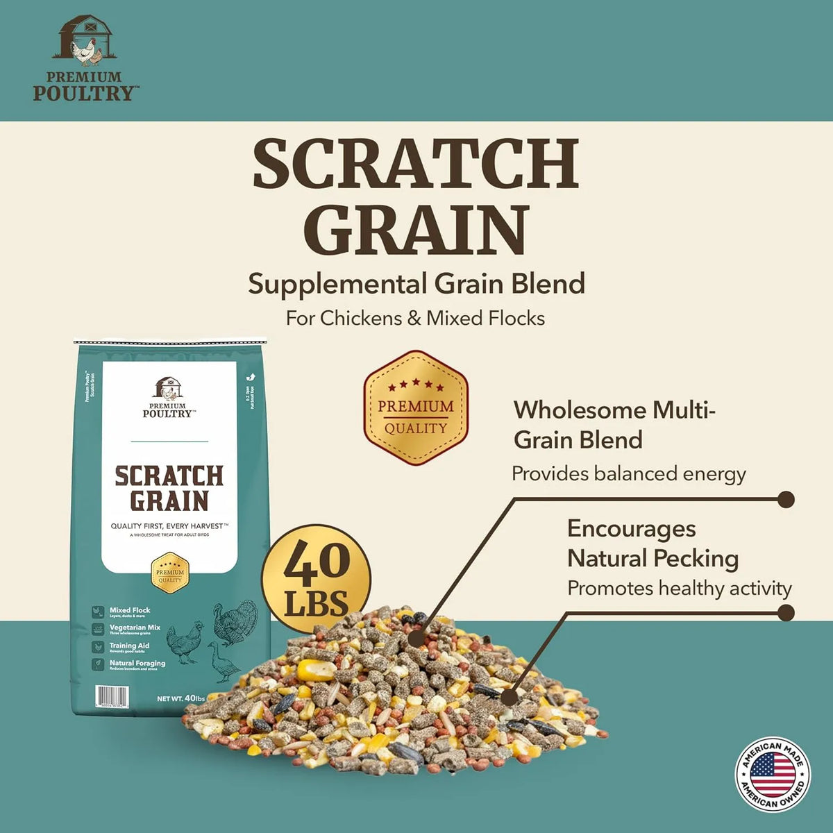 Scratch Grain supplement for chickens with packaging and grain display on a teal and beige background.