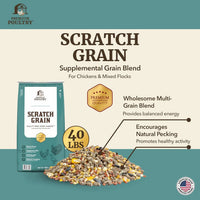 Scratch Grain supplement for chickens with packaging and grain display on a teal and beige background.