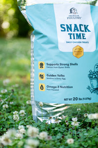 Bag of Premium Poultry snack time chicken treats on grass