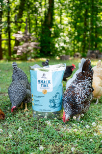 Bag of 'Snack Time' pet food with chickens in a grassy area