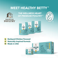 Promotional image of Healthy Betty poultry products with branding and product packaging on a light blue background.