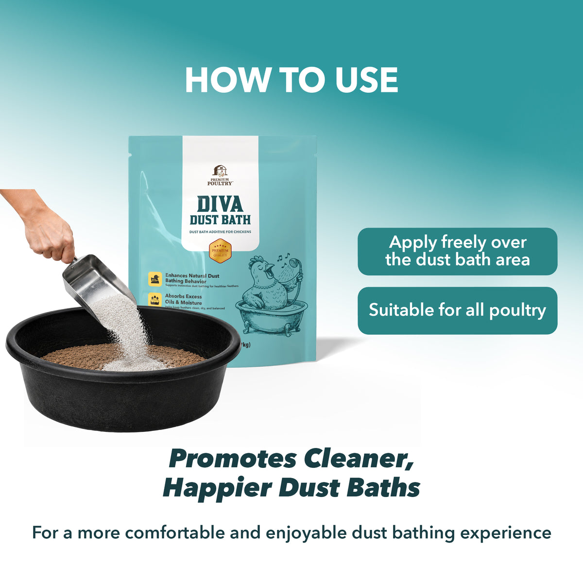 Dust bath product with instructions on how to use it, featuring a hand pouring powder into a container.