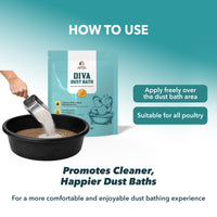 Dust bath product with instructions on how to use it, featuring a hand pouring powder into a container.