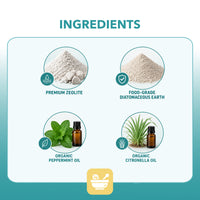 List of ingredients including premium zeolite, food-grade diatomaceous earth, organic peppermint oil, and organic citronella oil on a gradient background.