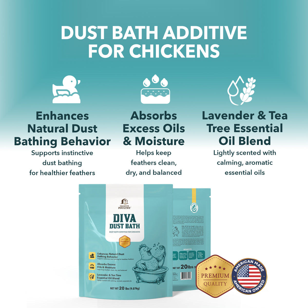 Dust bath additive for chickens with product packaging and features listed on a teal background.