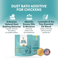 Dust bath additive for chickens with product packaging and features listed on a teal background.
