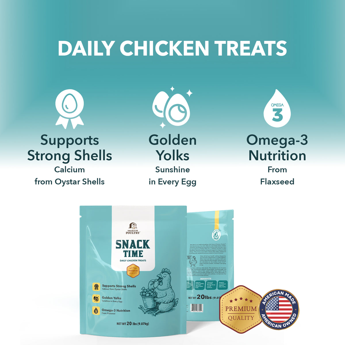 Snack Time Daily Chicken Treats packaging with product details on a teal background