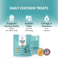 Snack Time Daily Chicken Treats packaging with product details on a teal background