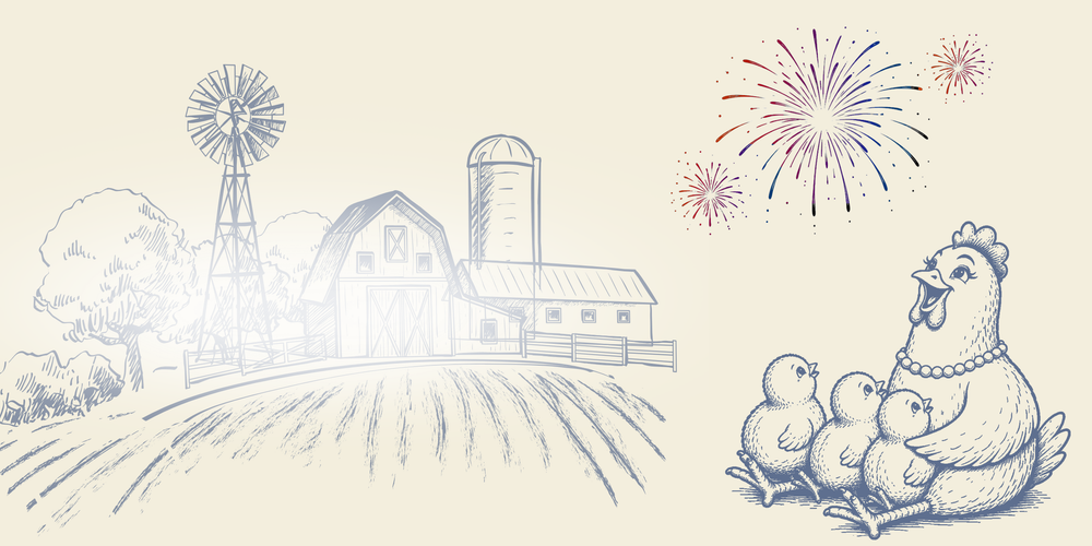 Illustration of a farm scene with a barn, windmill, and chickens, featuring fireworks in the background.