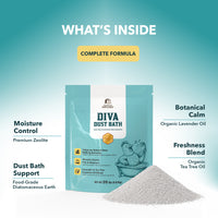 Diva Dust Bath packaging with ingredients listed on a gradient blue background