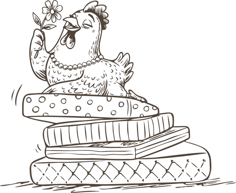 Doodle of a chicken sitting on books with a flower in its mouth
