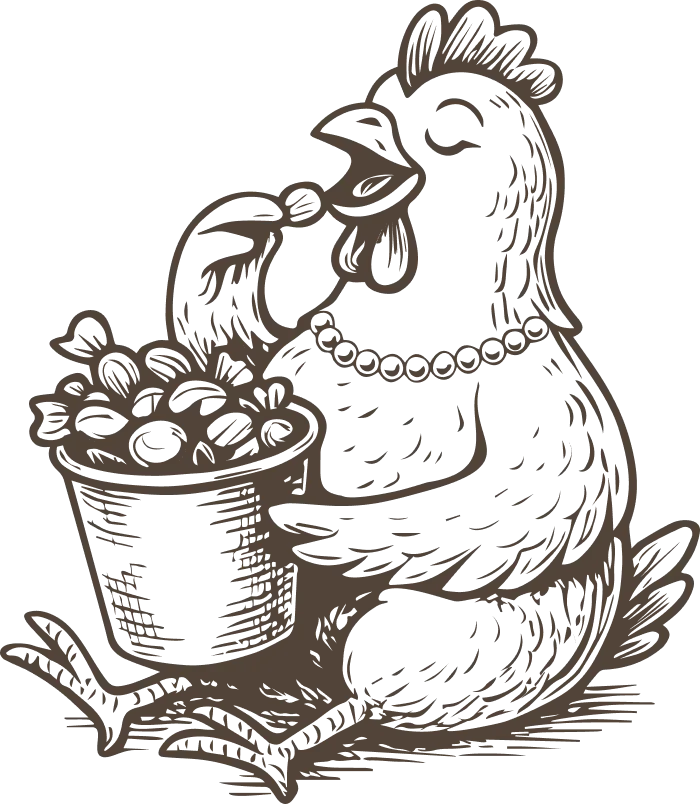 Black and white illustration of a rooster with a basket of eggs.